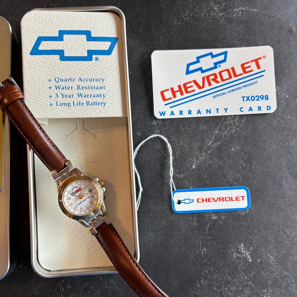 Chevrolet Corvette Ladies Silver Gold Watch 1990's Leather Band Quartz Accuracy